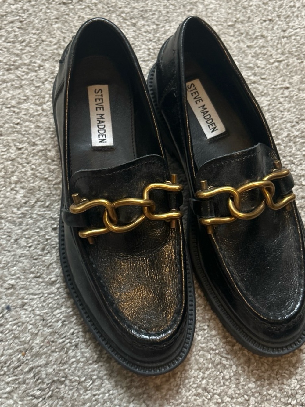 Steve Madden Black Leather Loafers with Gold Chain Detail